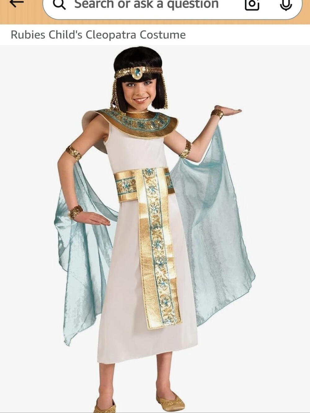 Rubie's Cleopatra Costume in White, Teal and Gold. Girls Med 7-8